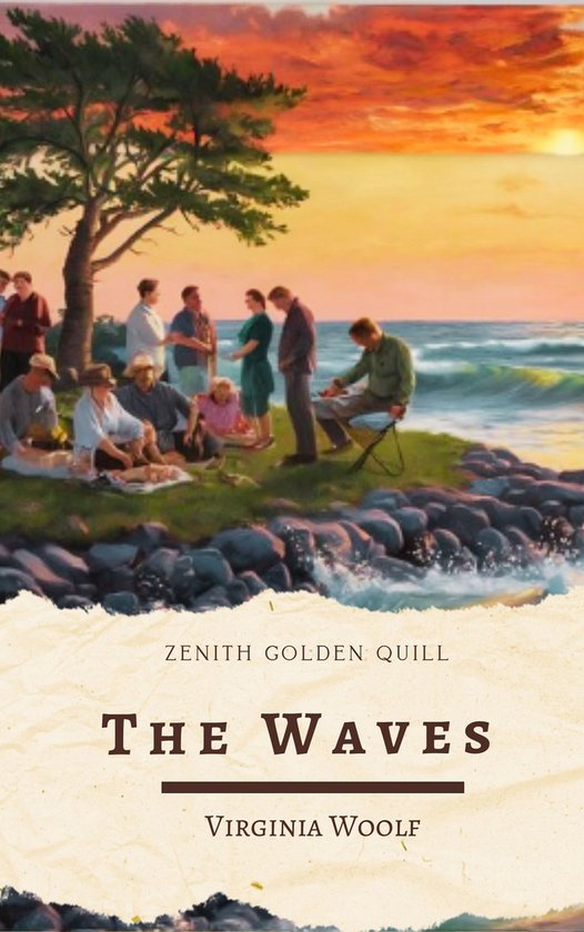 Boekcover van 'The Waves' van Virginia Woolf met een schilderij van een groep mensen die picknicken aan zee bij zonsondergang.