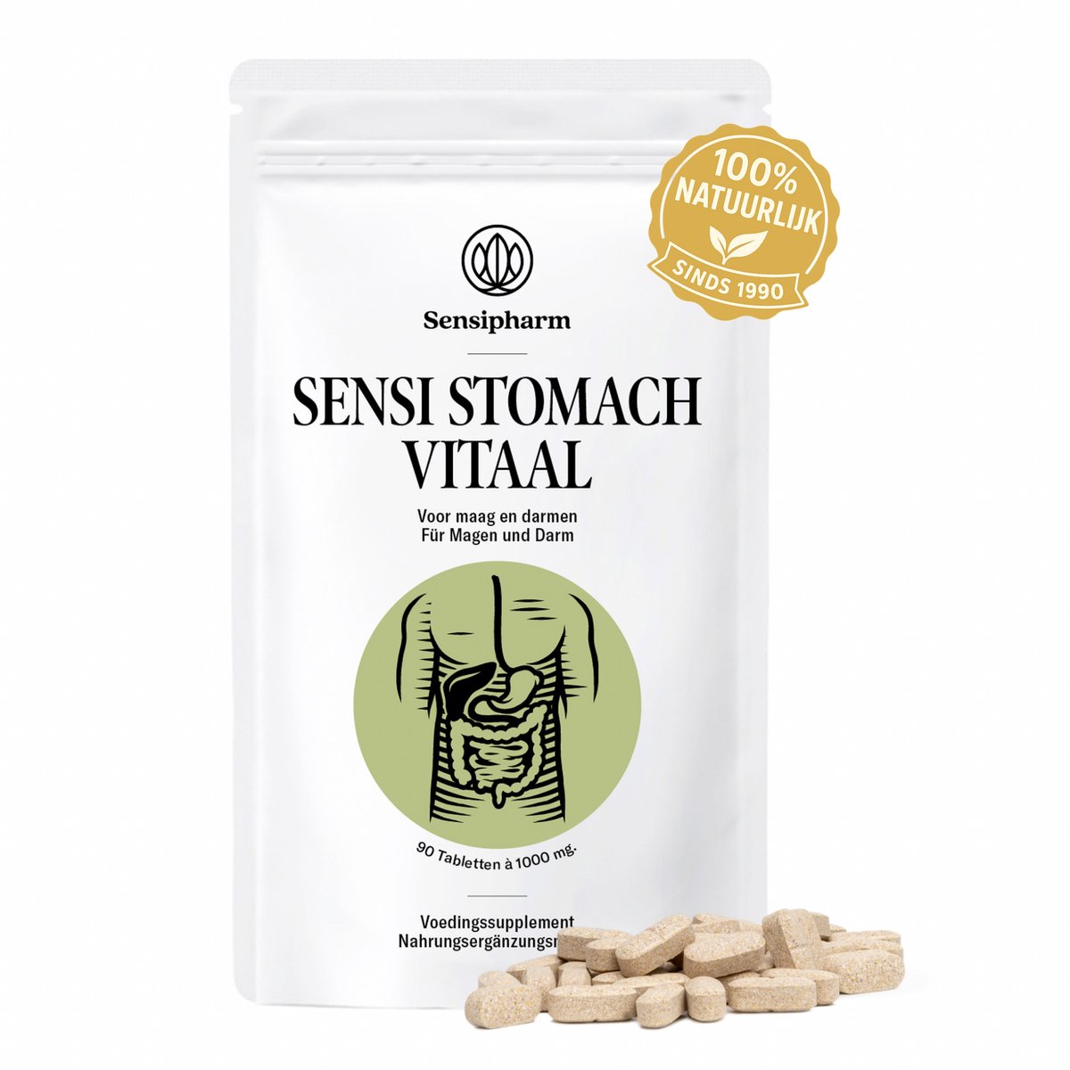 Sensipharm Sensi Stomach Vitaal - Voedingssupplement voor Maag en Darmen, bij Diarree, Opgeblazen gevoel, Overgeven, Buikkramp - Natuurlijk - 90 Tabletten à 1000 mg
