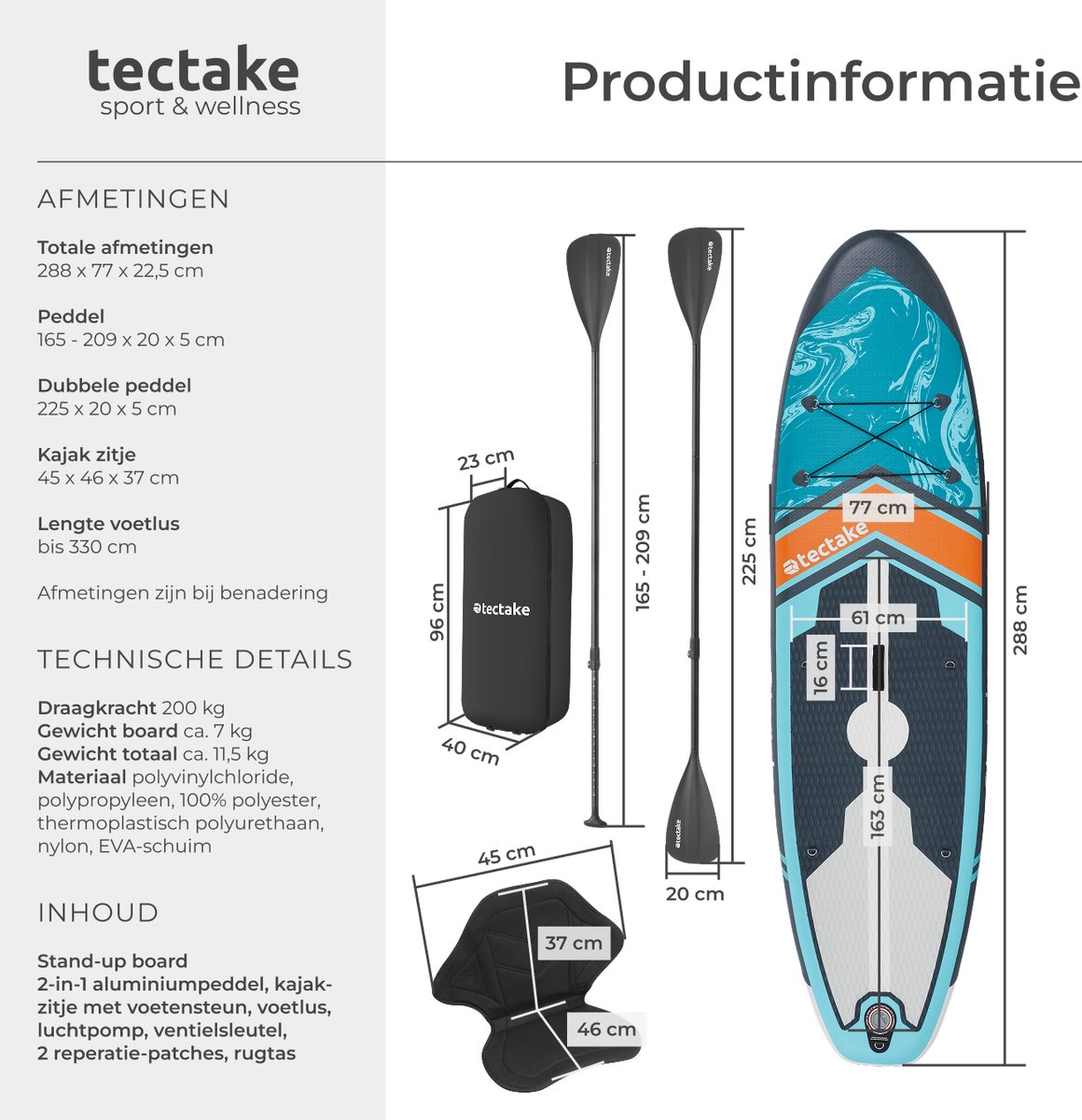 tectake® Stand-Up Paddle Board - 2-in-1 SUP Plank - Opblaasbaar - Stabiel - 288 x 77 x 22,5 cm - Ook als Kajak - Max 200kg - Oranje Turqoois - Complete SUP set met Zitje – foto 6