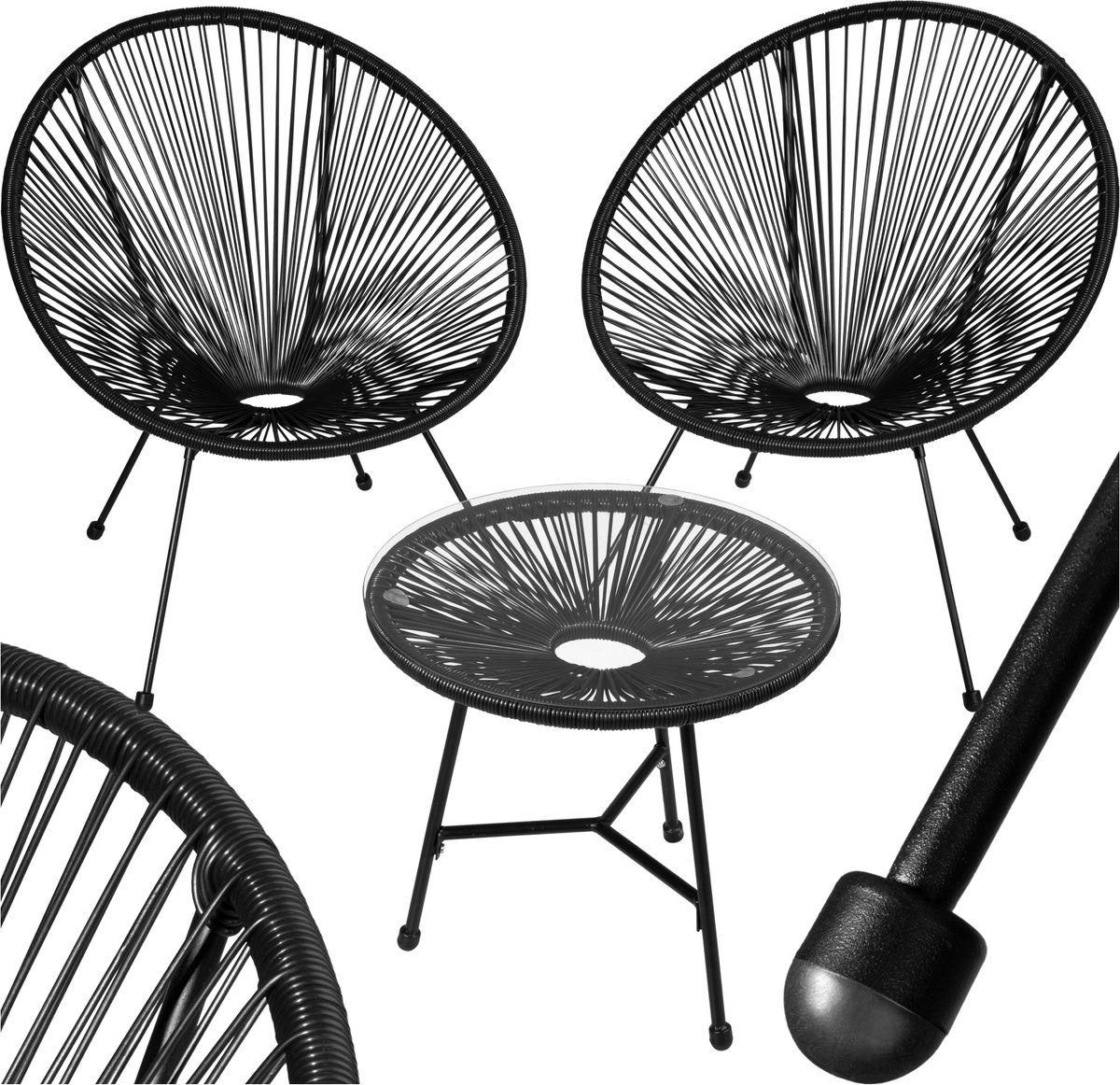 Bol.com tectake® Tuinmeubel bistroset - 2 stoelen en 1 tafel met glazen blad - Retro Egg Chairs in Acapulco-stijl - Weerbestendi... aanbieding