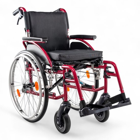 Rolstoel Plaza PL5 – Lichtgewicht aluminium – Rood – Zitbreedte 50 cm – 13,9 kg – Compact opvouwbaar – Lekvrije PU-banden – Quick-release wielen – Handremmen – Opklapbare armleuningen – Inclusief zitkussen
