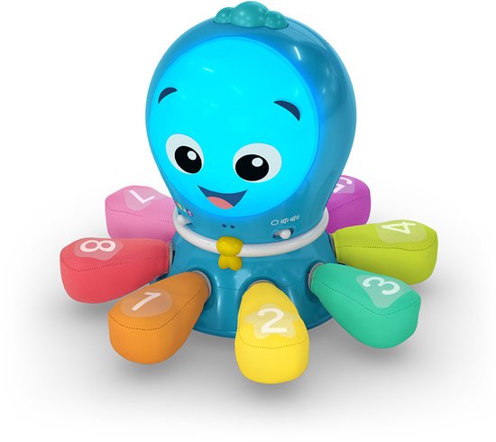 Jouet pieuvre bleu pour bébé avec tête lumineuse, grands yeux et tentacules colorés numérotés de 1 à 8.