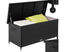 tectake® Wicker opbergbox - Outdoor kussenbox - Uitneembare binnenzak en cijferslot - Weerbestendig en afsluitbaar met deksel - Verrijdbaar - Inclusief 2 handgrepen, 2 wielen en gasveren - Inhoud 270 l - Afmeting (LxBxH) 121 x 56 x 60 cm - Zwart