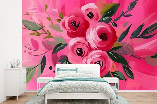 Behang - Fotobehang Bloemen - Verf - Roze - Breedte 420 cm x hoogte 280 cm