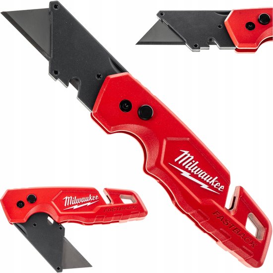 Milwauke Fastback rood kantelmes, open en gevouwen, met zwart metalen blad.