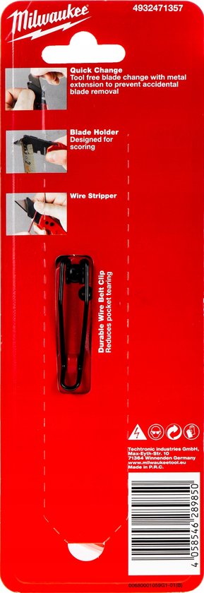 Milwaukee mes met rode handgreep en zwarte riemclip. "Quick Change", "Blade Holder" en "Wire Stripper".