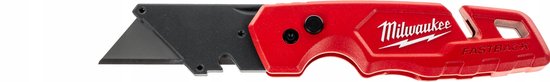Milwaukee Fastback rood kantelmes met zwart metalen blad, metalen clip en inkeping.
