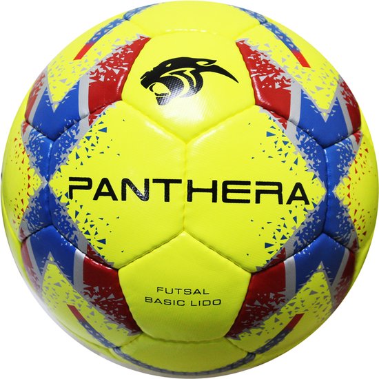 Gele Futsal voetbal met PANTHERA logo, rode en blauwe zigzag patronen en 'FUTSAL BASIC LIDO' tekst.