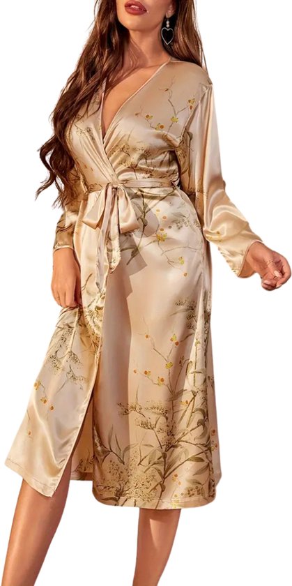 Livano Satijnen Badjas Dames - Kimono - Kamerjas - Satijn - Ochtendjas - Pyjama - Goud - Maat XL
