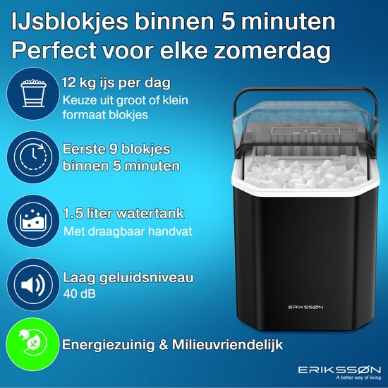 Erikssøn IJsblokjesmachine - IJsblokjesmaker - IJsschep - 12kg/24 uur - Draagbaar - Zelfreinigingsfunctie - Zwart van Erikssøn — afbeelding 2