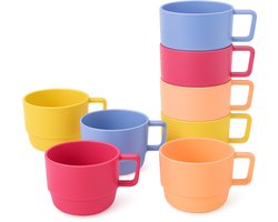Set van 8 Kleurrijke - Outdoor - Kunststof Bekers Met Oor – 300 ml – Vaatwasser- & Magnetronbestendig