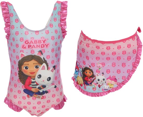 Roze en blauwe Gabby & Pandy badpak met ruches en bijpassende sarong. Afbeelding van Gabby met Pandy.