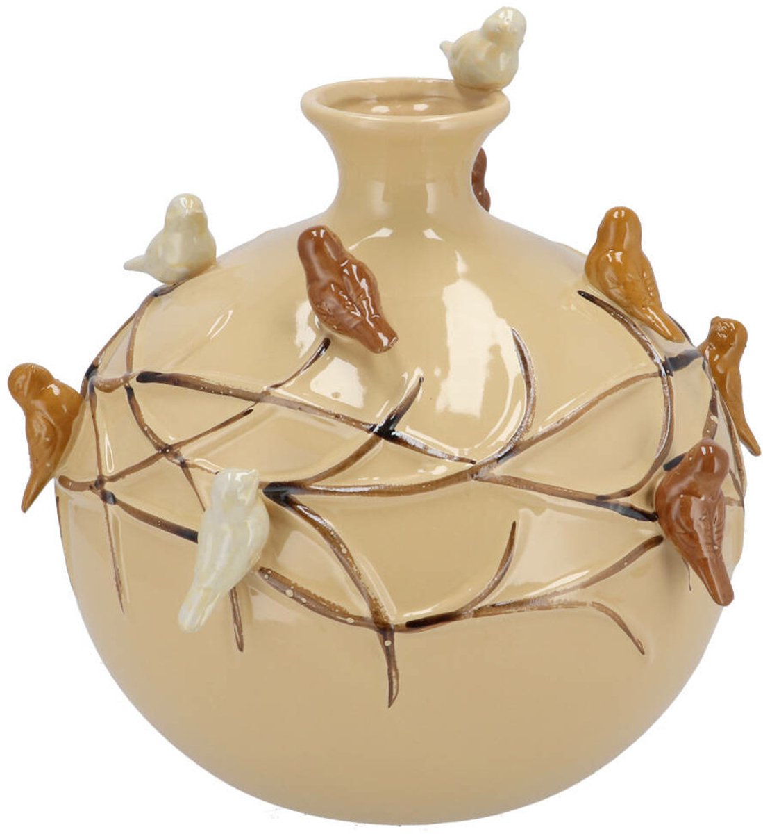 DK design Vaas Spring birds - zandkleurig - keramiek - D14 x H14 cm - bloemenvaas Licht beige