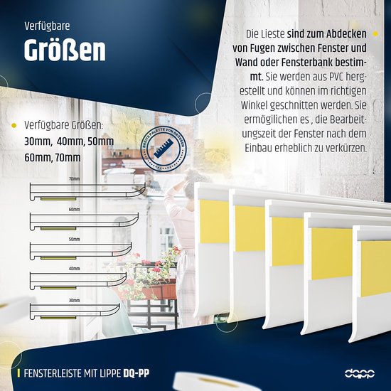 Illustratie toont verschillende maten witte en gele raamband.