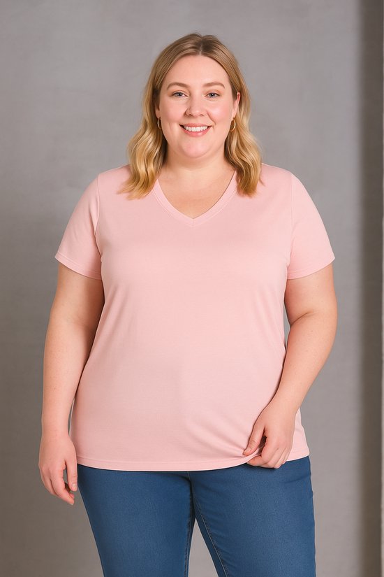 T-shirt Basic à manches courtes et col en V pour femme, taille 4XL, rose poudré