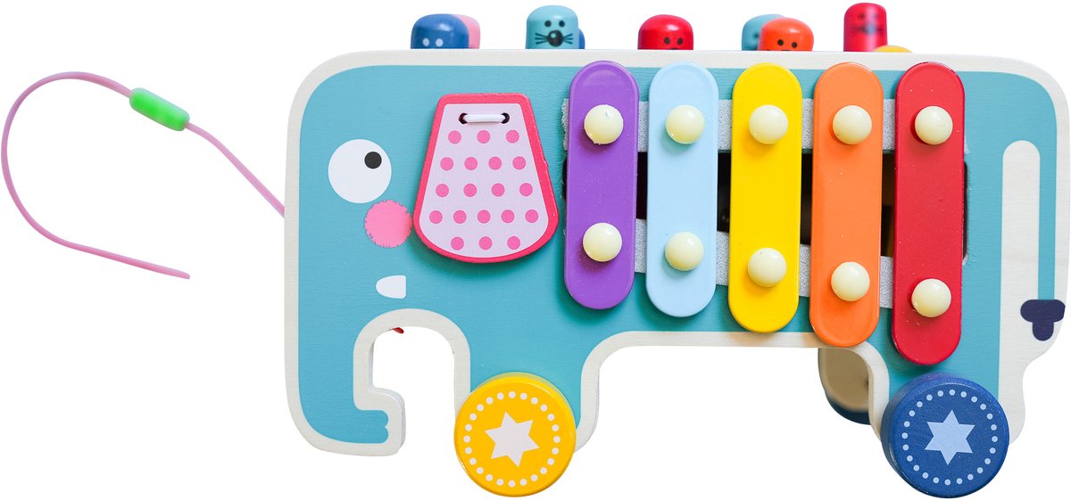Houten Olifant Karretje – Educatief Muziek- en Motoriek Speelgoed (18 maanden+) – Whack-a-mole, Xylofoon & Trekkoord — afbeelding 8