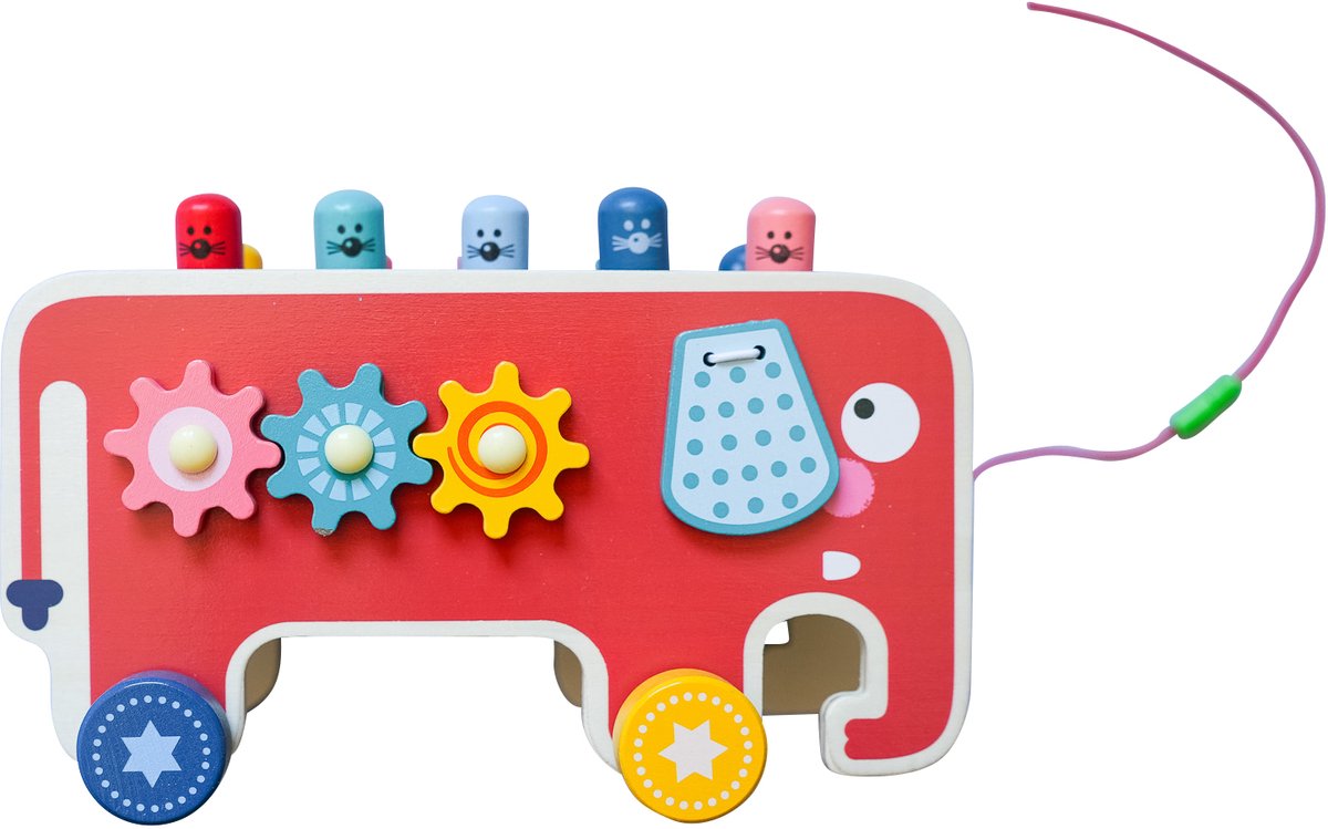 Houten Olifant Karretje – Educatief Muziek- en Motoriek Speelgoed (18 maanden+) – Whack-a-mole, Xylofoon & Trekkoord — afbeelding 6