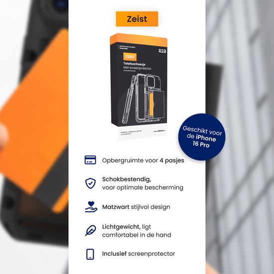 Étui R2B avec porte-cartes pour iPhone 16 Pro - 4 cartes - Protection d'écran - Housses de téléphone - Étui pour téléphone portable pour iPhone 16 Pro - Modèle Zeist