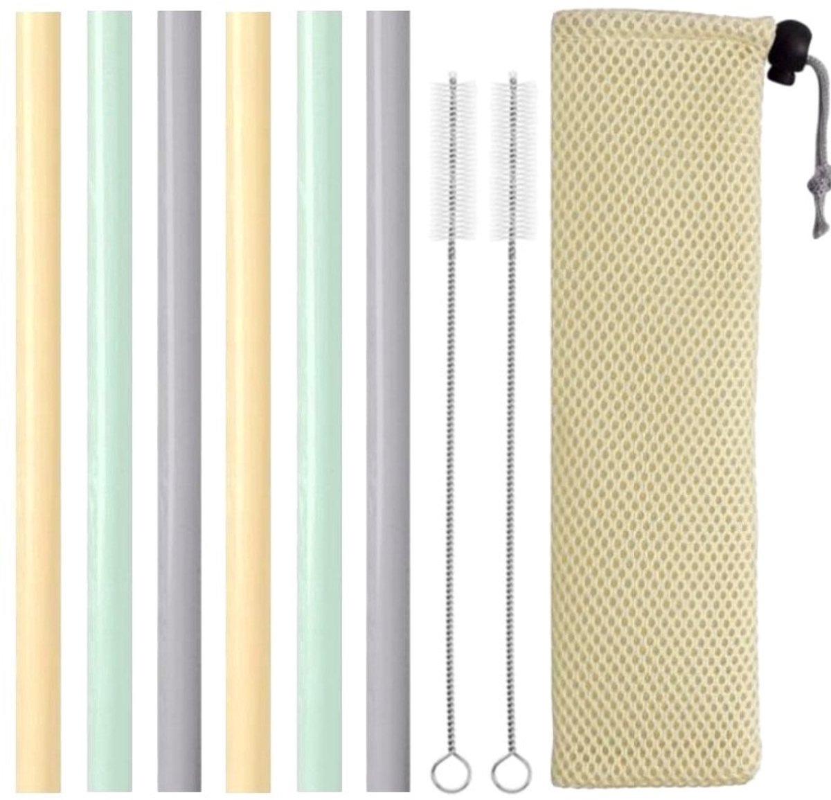 Fako Bijoux - Siliconen Rietjes XL Set - 6 Herbruikbare XL Rietjes - 25 cm - 11mm - 2 Schoonmaakborstels - Mesh Zakje