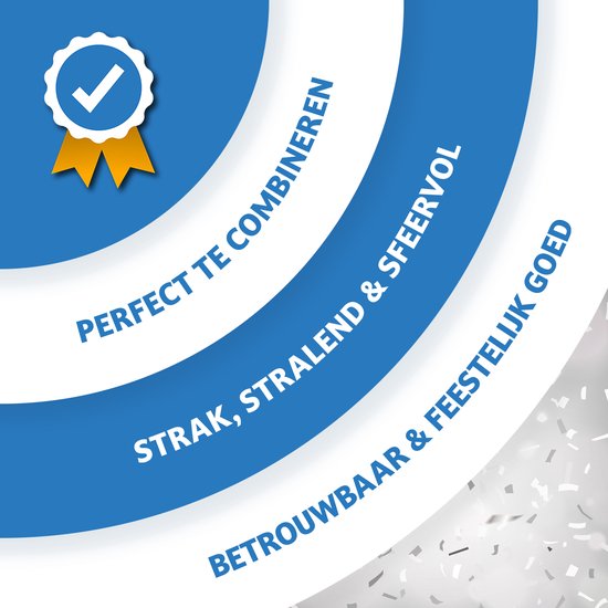 Grafisch met blauwe cirkels en tekst: 'Perfect te combineren', 'Strak, stralend & sfeervol', 'Betrouwbaar & feestelijk goed'. Gecentreerde witte vink in een medaille.
