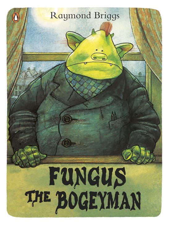 Boekomslag van 'Fungus the Bogeyman' met een grote, groene, chagrijnige trol met een rood kuifje, een geruit sjaaltje en een donkergroene jas, die door een raam kijkt.