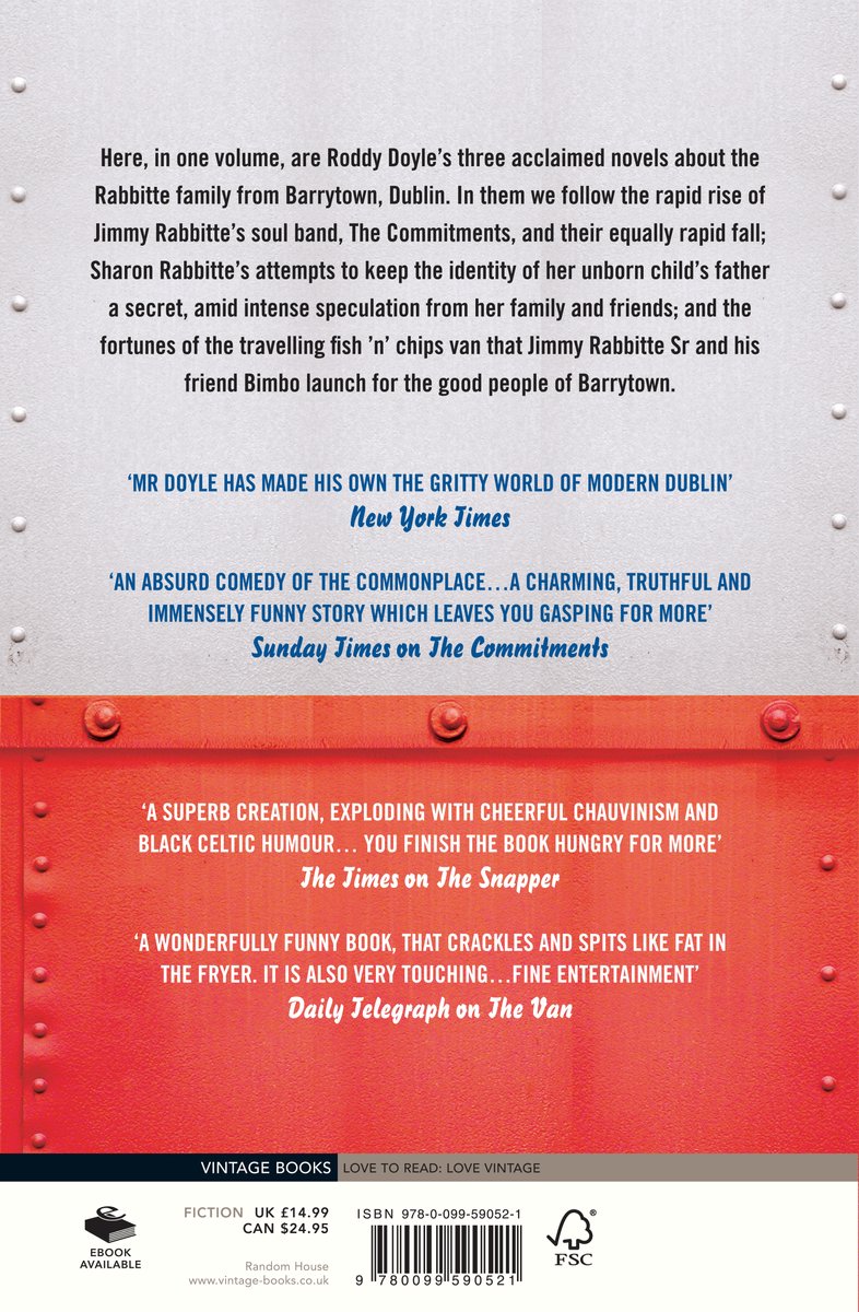 Boekrug van 'The Barrytown Trilogy' door Roddy Doyle, met citaten en uitgeversinformatie.