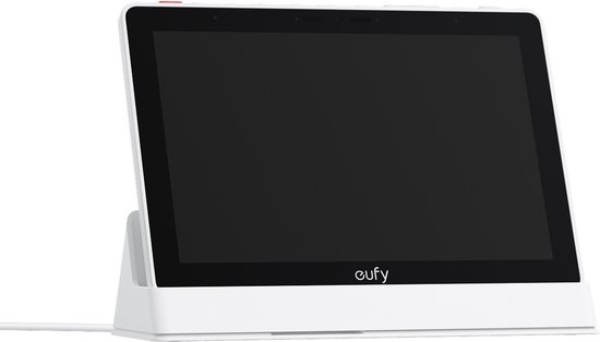 Een witte eufy tablet op een witte standaard.