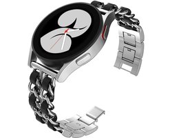 Stravo 20mm Leren Horlogebandje – Leer Bandje met Metalen Schakels – Geschikt voor Samsung Galaxy Watch 7 (40/44mm) / 6 (Classic) / 5 (Pro) / 4 (Classic) / FE – Voor Garmin Vivoactive 5 / Venu Sq 2 / Forerunner 245 / Vivomove – Zilver/Zwart