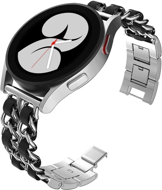 Bracelet chaîne et cuir FFO2World - Argent/ Zwart - Bracelet chaîne en métal réglable avec cuir véritable - Compatible avec Samsung Galaxy Watch 4/5/6/7, Watch FE et autres montres de 20 mm