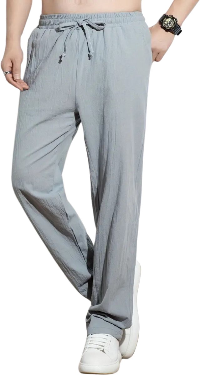 Nivard Linnen Broek Heren Zomerbroek Volwassenen Lange Broek Pantalon Strandbroek Zomer Ibiza Stijl Grijs