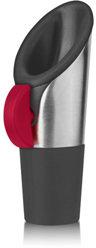 Wijnschenker en stopper van roestvrij staal en grijs rubber met een frambozenrode knop.