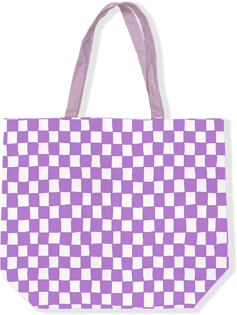 Strandtas Paars/wit geblokt - canvas tas - 48 X 15 X 38 CM - shopper - Boodschappentas