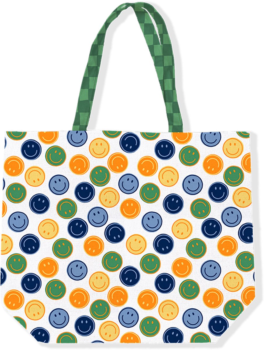 Strandtas Smiley groen / blauw - canvas tas - 48 X 15 X 38 CM - shopper - Boodschappentas