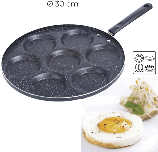 WDMT Mini Pannenkoekenpan Ø30 cm – 7 Vaks – Anti-aanbak Bakpan voor Mini Pannenkoeken & Eieren – Geschikt voor Inductie & Alle Warmtebronnen – Zwart