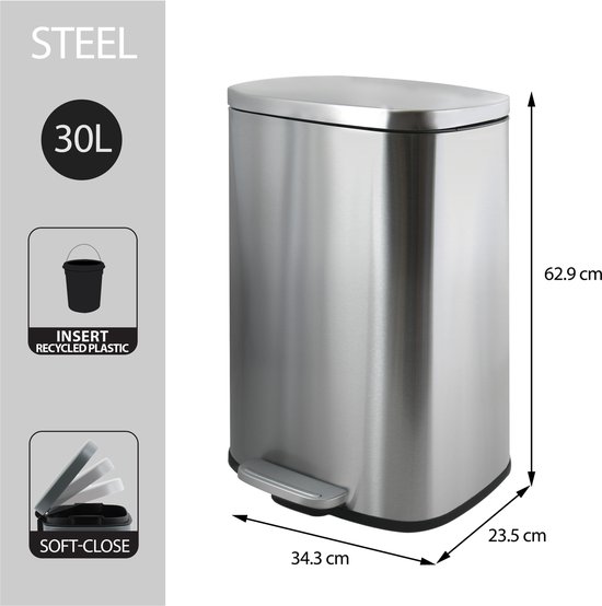 RVS pedaalemmer van 30L met afmetingen, 'STEEL' en 'SOFT-CLOSE' aanduidingen.