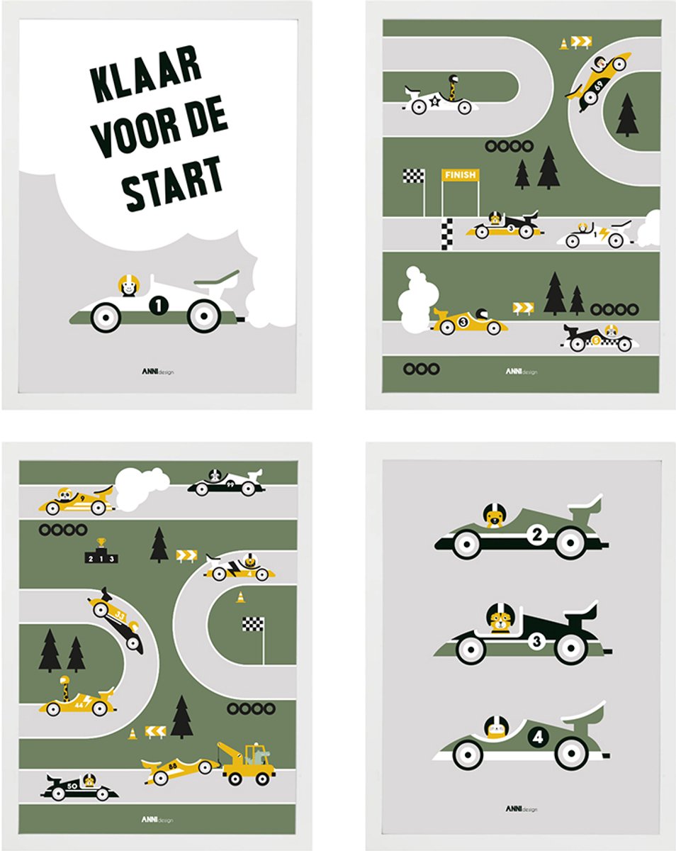 Poster set Raceauto groen grijs 4x maat A3 – raceauto – formule 1 - kinderkamer - jongenskamer - muurdecoratie - kinderkamerstyling – kinderkameraccessoire
