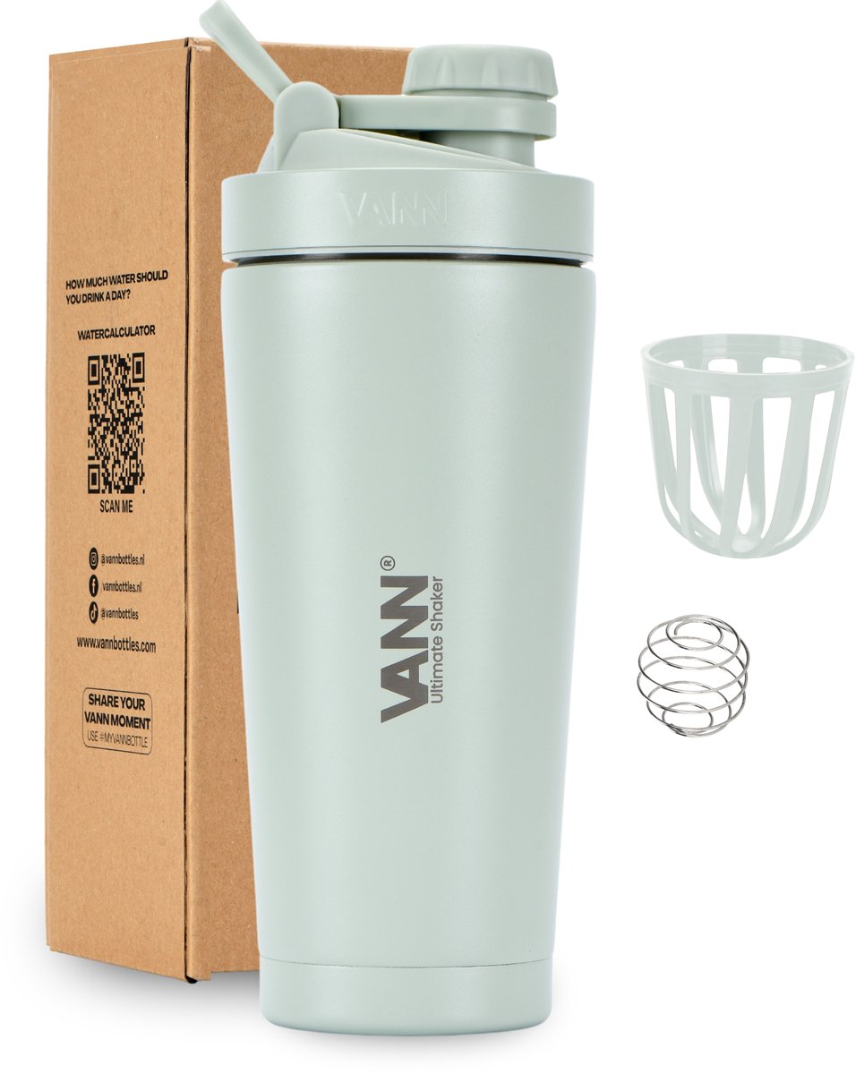 VANN® 3-wandige RVS shakebeker 750 ML - Premium Proteïne & Eiwit Shaker - ULTIMATE SHAKER™ - 12 uur koud - Greygreen