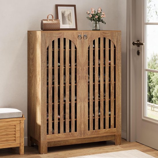 Meuble à chaussures Tribesigns – Étagère à chaussures à 6 niveaux – 73 x 35 x 119 cm – Meuble à chaussures avec Portes et Planches réglables – Rangement à chaussures en bois pour entrée et salon – Chêne