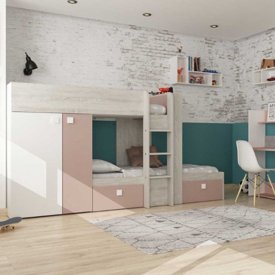 Stapelbed Beau 90x190 cm (lattenbodem onderste bed niet inbegrepen) - roze/wit - Trasman - Stapelbed - Roze - Melamine; Spaanplaat Eenpersoons Stapelbed