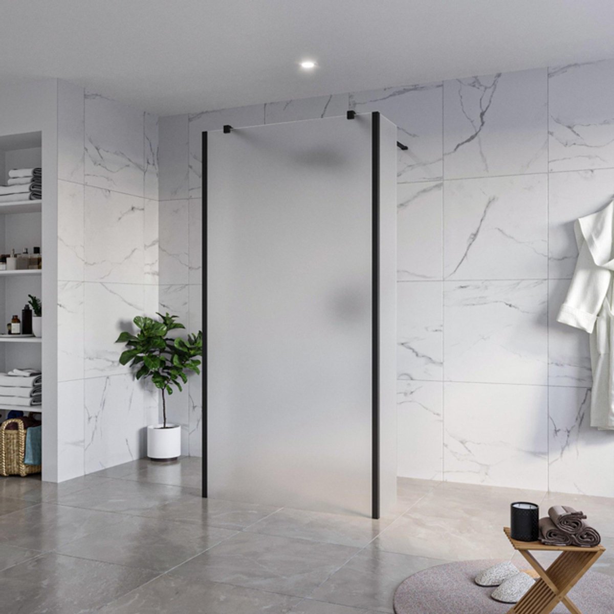 FugaFlow Eccelente Vetro Vrijstaande inloopdouche badkamer - 100x200cm - Glas mat - antikalk - 8mm veiligheidsglas - 2 zijwanden 30cm - met wandarmen en hoekprofielen - Zwart mat -