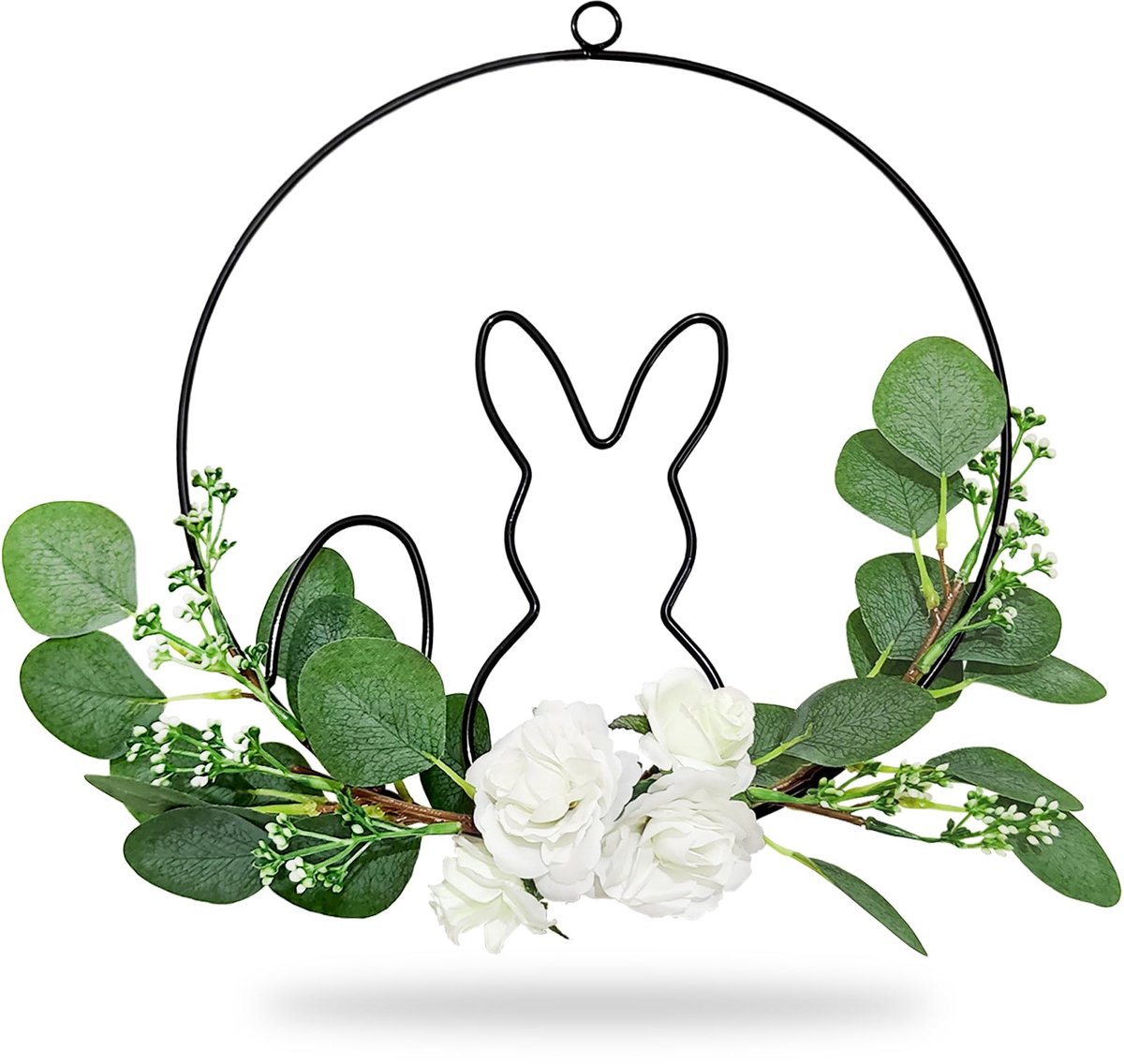 Ibenzoa® Metalen Lentekrans met Konijnensilhouet en Kunstbloemen voor Paasdecoratie