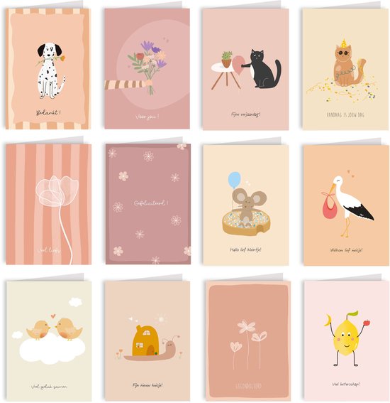 Wenskaarten set 12 stuks - Gevouwen kaarten incl. kraft enveloppen - GRATIS sluitstickers - Kleintjes & kaartjes