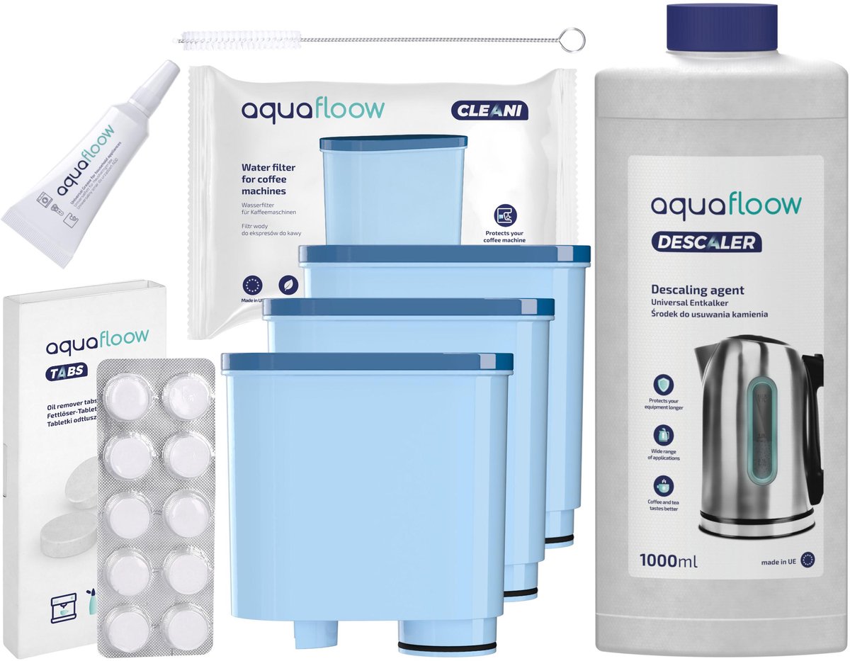 Aquafloow, 3x waterfilter voor espressomachines, compatibel met Philips Saeco, koolstofpatroon, vervanging + 1x ontkalker Aquafloow 1000ml +10x2g Reinigingstabletten + 1x Reinigingsborstel + 1x Smeermiddel, espressomachineset, 7 stk