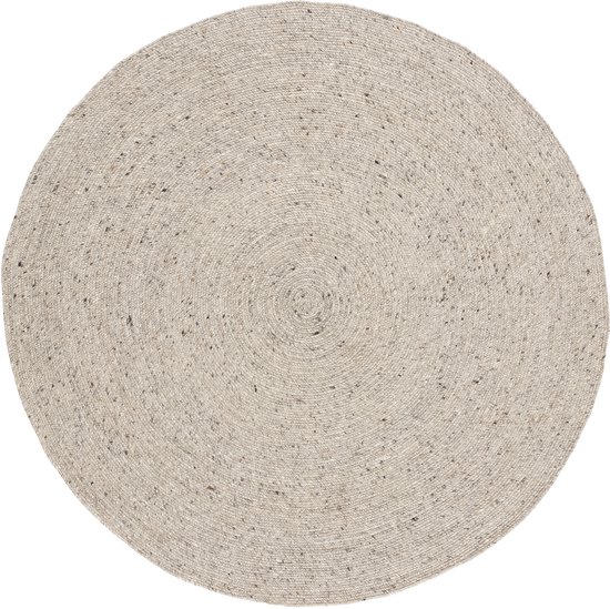Rond, handgeweven vloerkleed van taupe wol met een gevlochten textuur.