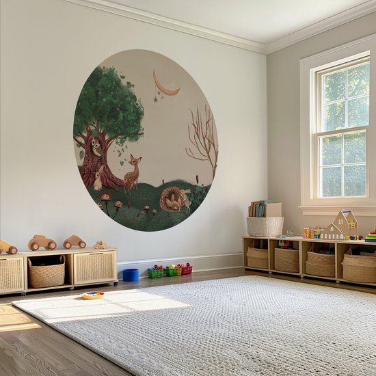 Papier peint cercle Forêt Enchantée #2 - Ø 100 cm - Forêt Enchantée - Animaux de la forêt - Forêt Magique - Papier peint cercle autocollant - Cercle mural intérieur