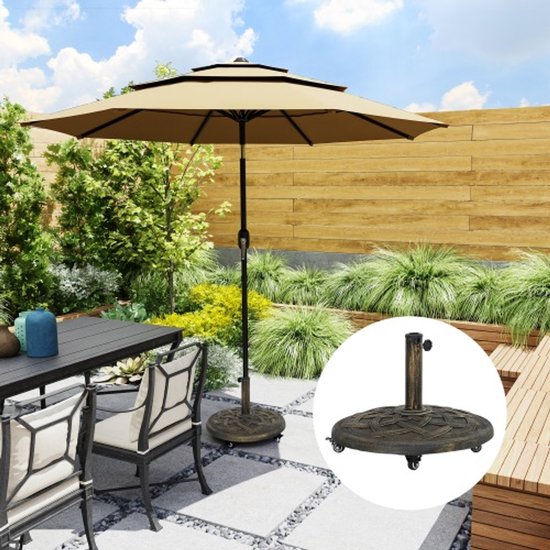 Betonnen parasolvoet, parasolvoet met zwenkwiel, ronde parasolhouder, parasolgewicht, voet voor parasol 34/38/48 mm buisdiameter, voor balkon, terras, tuin, brons