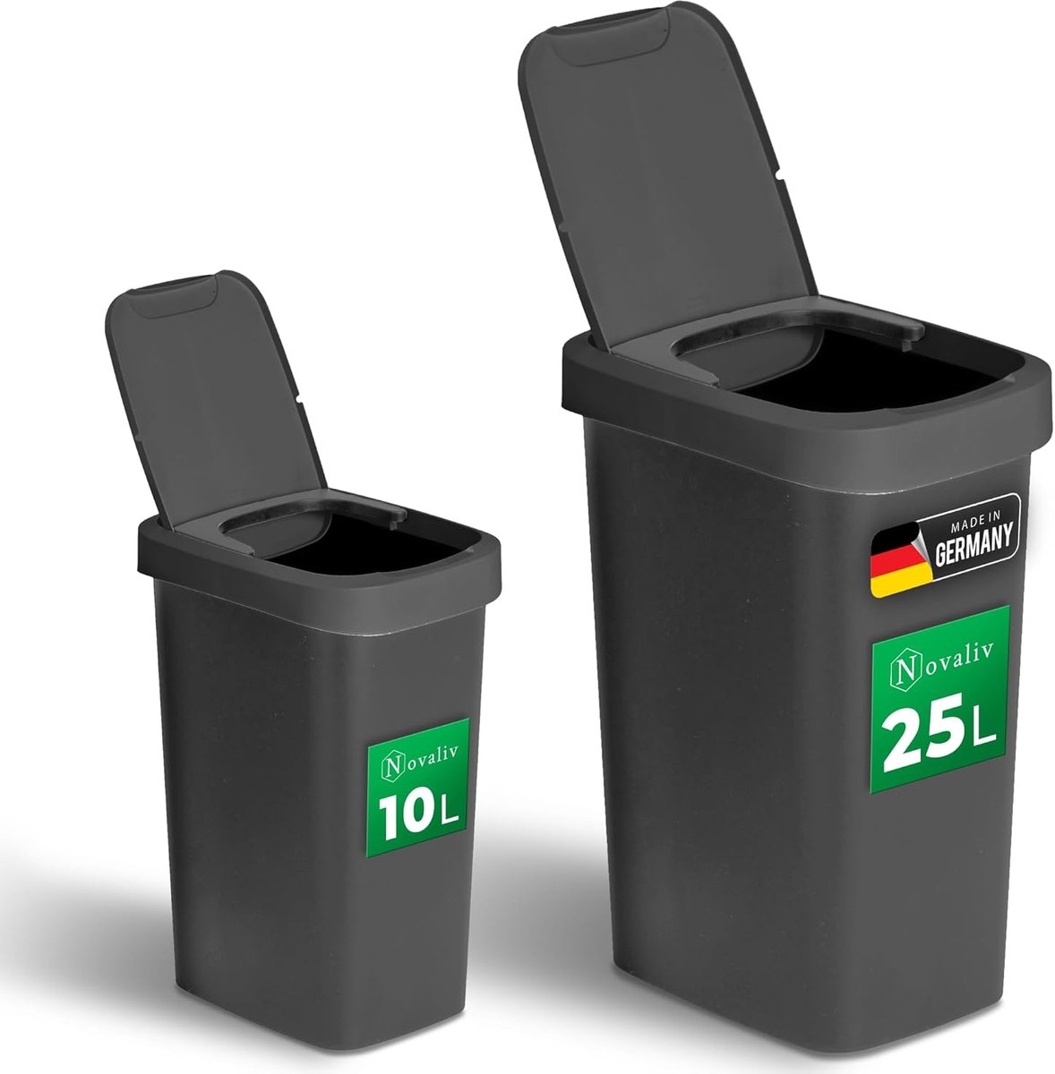 Novaliv afvalbakset 10L + 25L, afvalbak met 2-in-1 deksel, scharnierdeksel & zwaaideksel, anti-geur afvalbak voor badkamer, keuken, huishouden, kantoor, afvalbak, afval plastic afvalcontainer