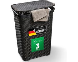 Novaliv 3-delige rotan wasmand met deksel 60L zwart, wasboxset wasemmer wascontainer modern voor badkamer was vuile was, wasmanden vuile wascontainer verzamelmand