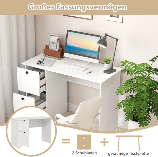 Bureau blanc avec un ordinateur, une lampe de bureau et une plante. Avec 2 tiroirs et un espace de rangement ouvert.