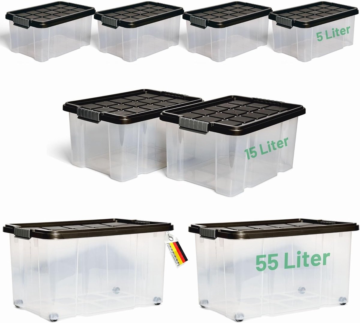 Novaliv 8-delige voordeelset opbergdozen met deksel, antraciet, 2x55 L + 2x15 L + 4x5 L, nestbaar, stapelbaar, clipsluiting, roldozen, BPA-vrij